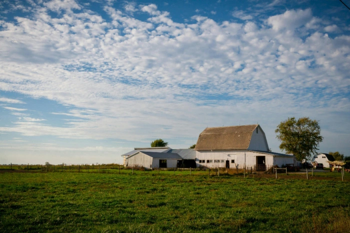 A farmhouse sits on a large, green yard, beneath a blue sky scattered with white clouds.